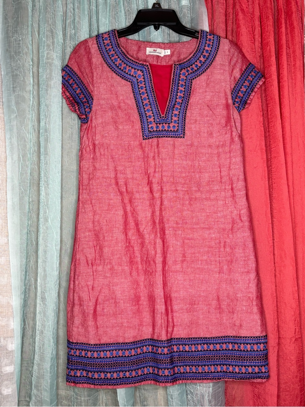 Vineyard Vines Pink Shift Dress with Blue Embroidered Trim